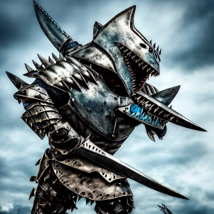 Image similar to photo of a warrior with metal shark themed armour, highly detailed, 4 k, hdr, smooth, sharp focus, high resolution, award - winning photo