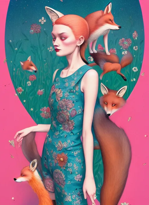 Image similar to pretty model with foxes : : by martine johanna and simon stalenhag and chie yoshii and casey weldon and wlop : : ornate, dynamic, particulate, rich colors, intricate, elegant, highly detailed, vogue, harper's bazaar art, fashion magazine, smooth, sharp focus, 8 k, octane render,