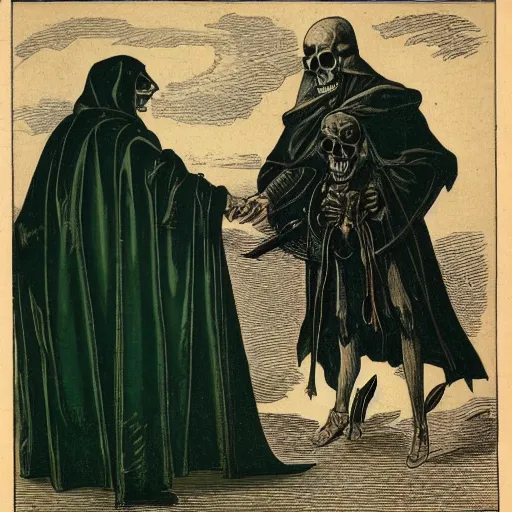 Prompt: a man wearing a black cloak with a skull head killing a man in green