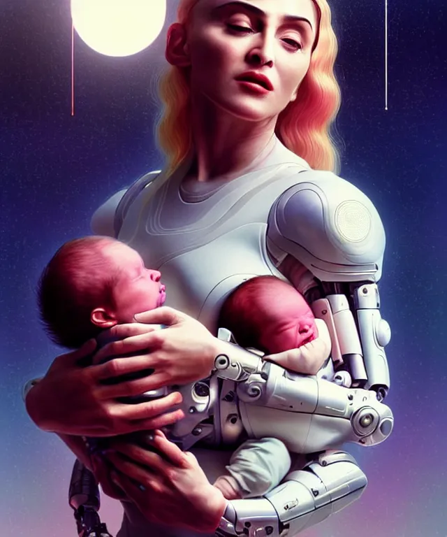 Image similar to realistic detailed photo of futuristic cyborg-madonna holding a newborn baby child in hands by Raphael Santi , artwork by Tooth Wu and wlop and beeple, greg rutkowski. still from a 2021 movie by Terrence Malick, Tarkovsky, Gaspar Noe, James Cameron,