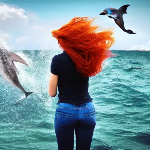 Image similar to a hyper realistic image of a very beautiful red haired girl standing near a window, she is facing the camera, a dolphin is swimming in the sky