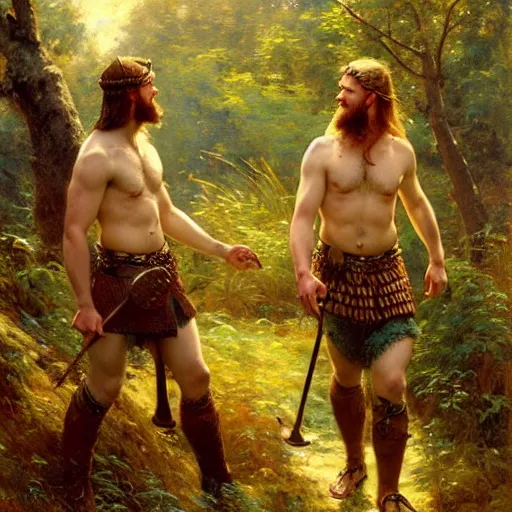 Image similar to 2 attractive male vikings frolicking in the forest. highly detailed painting by gaston bussiere, craig mullins, j. c. leyendecker, 8 k