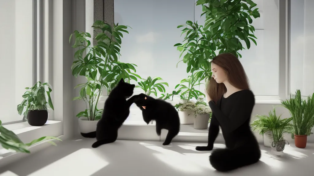 Image similar to peaceful dreamy photograph of a beautiful young woman sitting with her black cat, detailed face, sunshine coming through the window, small plants on the window sill, 8k, hyper realism, trending on artstation, octane render, dynamic lighting