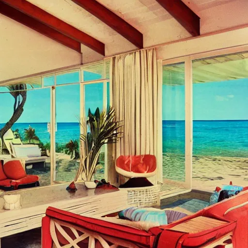 Image similar to a beach house villa in 1 9 7 4 color