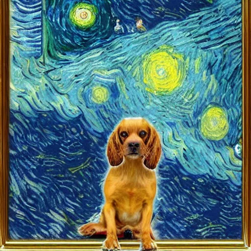 Prompt: a celestial field spaniel in space by Vincent van Gogh, visionary, masterpiece