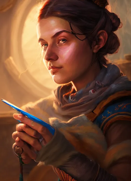 Image similar to An epic fantasy comic book style portrait painting of a young tinker girl working on a device in her workshop in the style of the wheel of time, unreal 5, DAZ, hyperrealistic, octane render, cosplay, RPG portrait, dynamic lighting