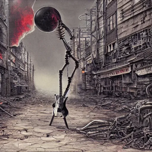 Prompt: robot with a guitar standing in ruined burning street by Yoshitaka Amano, by HR Giger, biomechanical, 4k, hyper detailed, hyperrealism, anime, a Blood Moon rising on a Broken World, deviantart, artstation
