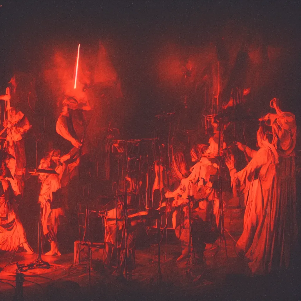 Prompt: 3 medieval occultist demons playing synthesizers in a concert, the stage is foggy and there is blinking lights, 1980s, high detail texture, cinestill 800t