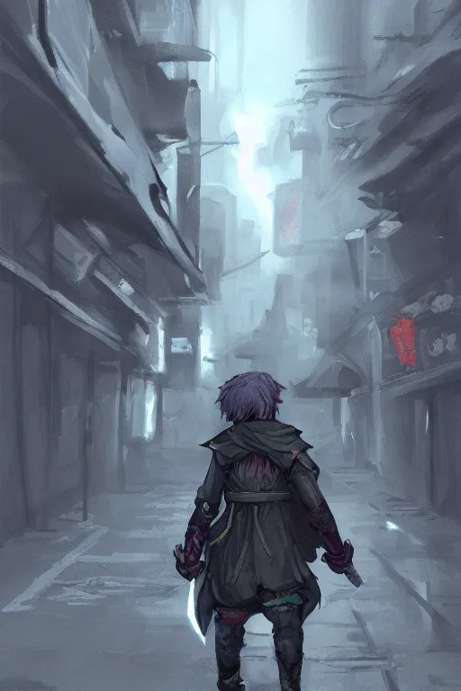 Prompt: a boy wielding a greatsword wearing a dark hoodie walking at the streets of Tokyo at night, concept art, digital painting, night lights, vending machines, aesthetic, trending on artstation, 8k, epic composition, intricate details, sharp focus