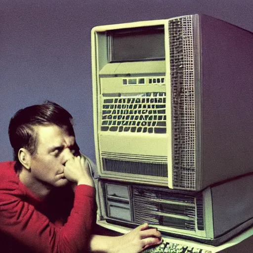 Image similar to a high resolution photo of a sad man watching the end of the world on a vintage computer