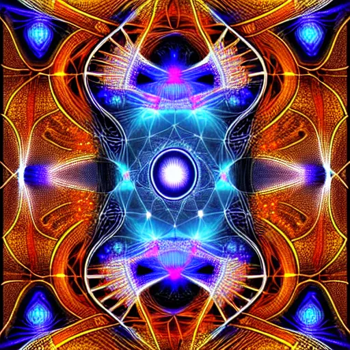 Prompt: symmetrical fractal sacral geometry, android jones