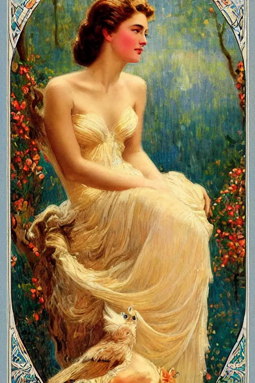 Image similar to Grace Kelly explaining the birds and the bees in the style of Gaston Bussière, art nouveau, art deco