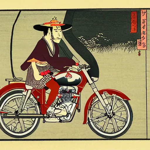 Prompt: a man wearing a cowboy hat riding a royal enfield classic 3 5 0 halcyon in feudal japan village, ukiyo - e style