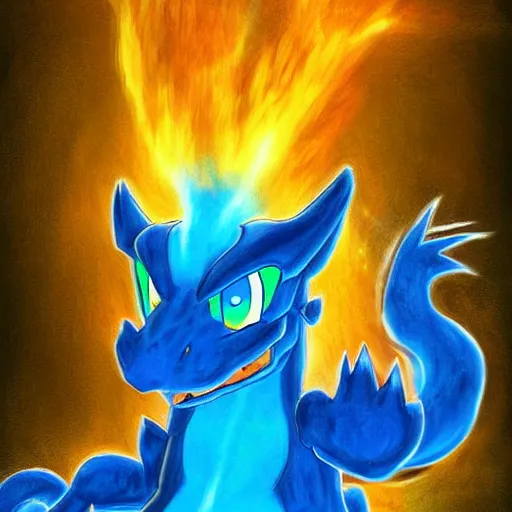 Prompt: a blue charizard ~ painting ~ water powers ~ digital art ~ amazing ~ trending ~