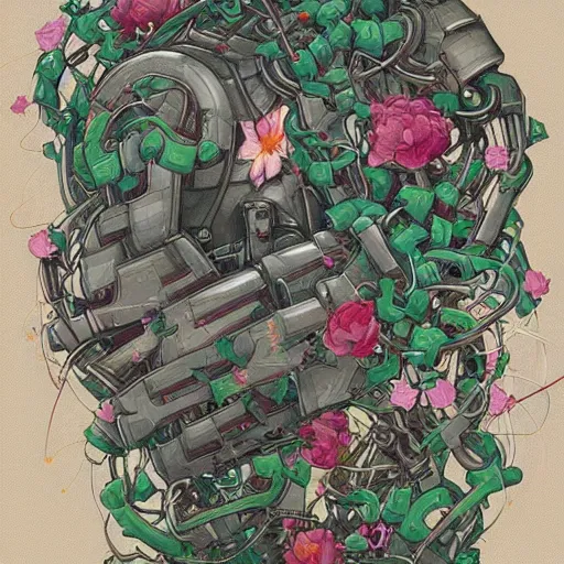 Image similar to mecha robot wrapped in flowers & vines, art by james jean & hsiao - ron cheng, colourful, sharp, detailed, digital painting, illustration, intricate detail, pinterest, behance, art station,