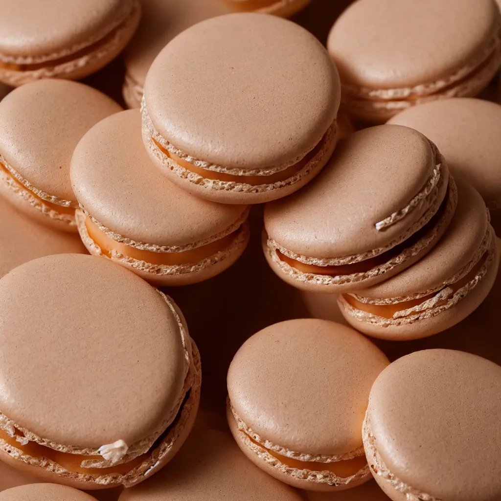 Image similar to close up view of a macaron on top of a wooden table, 8k, photorealistic, proper shading