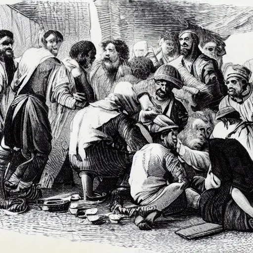 Image similar to villagers gather round as a man with an injured leg is treated on the table of a tavern