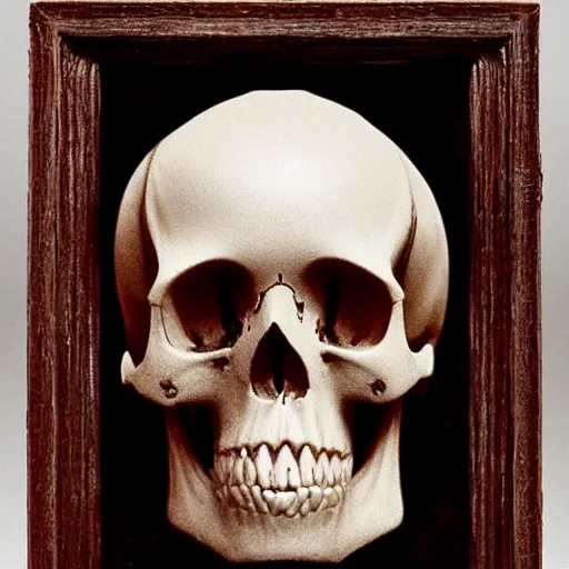 Image similar to Frontal portrait of a carved skull with ruby eyes. A portrait by Norman Rockwell.