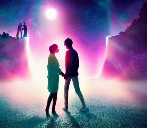 Image similar to people being together in a magical dream world, beautiful colors, cinematic lighting