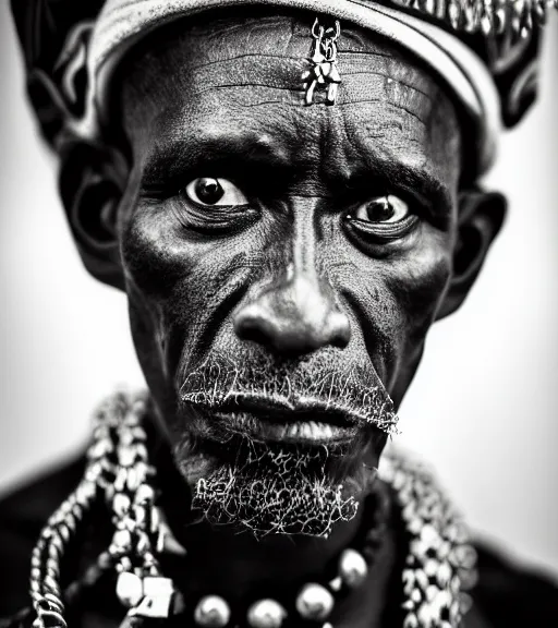Prompt: portrait of haitian voodoo priest, 3 0 yo with lots of necklaces, angry look, dark background, studio light, nikon 2 4 mm f / 1. 8 g, by sebastiao salgado