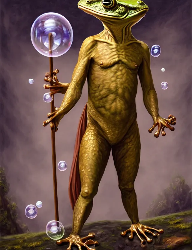 Prompt: anthropomorphic bipedal frog that is dressed as a renaissance fighter, and holding a staff, as a matte oil painting and d & d character art, by alex grey, standing, fullbody, floating bubbles, mystic, fog, fractals, spirals, concept art, award - winning, extremely detailed, sharp focus