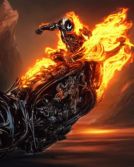 Image similar to ghost rider symbiote, dynamic lighting, fantasy concept art, trending on art station, stunning visuals, creative, cinematic, ultra detailed, comic strip style