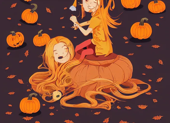 Image similar to little girl with long golden blonde hair sitting on a pile of halloween pumpkins and skulls. clean cel shaded vector art. behance hd by lois van baarle, artgerm, helen huang, by makoto shinkai and ilya kuvshinov, rossdraws, illustration, art by ilya kuvshinov