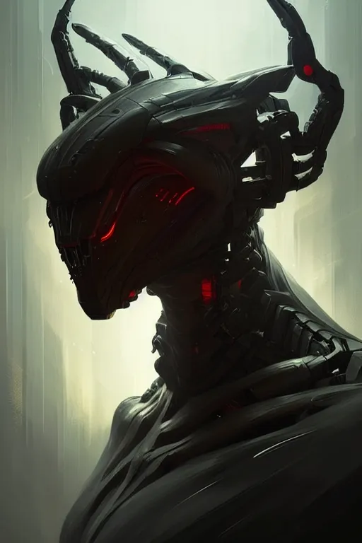 Image similar to professional concept art portrait of a predatory robotic species in a dark room by artgerm and greg rutkowski. an intricate, elegant, highly detailed digital painting, concept art, smooth, sharp focus, illustration, in the style of cam sykes.