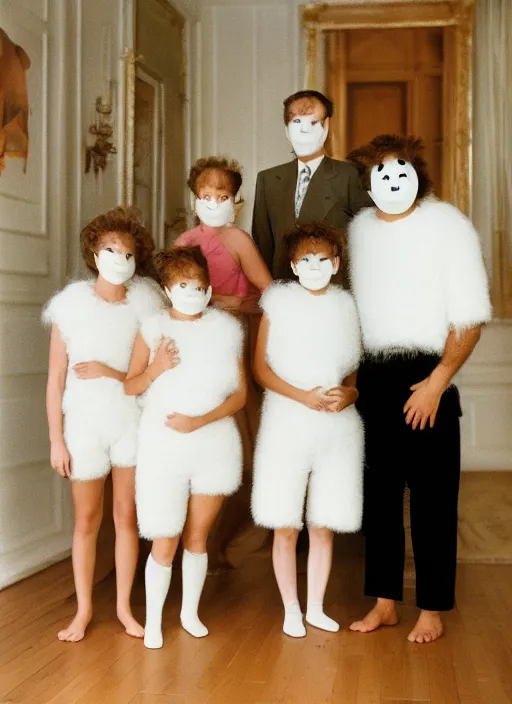 Image similar to realistic photo of the family wearing fluffy hairy masks, white fluffy cotton shorts, polished and fancy, standing in the wooden room full of wooden furniture 1 9 9 0, life magazine reportage photo