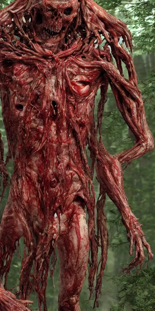 Prompt: photorealistic ultra detailed humanoid creature made of decomposed bloody flesh and bones, the woods, night, extremly detailed, 8 k, realistic, sharp focus, cosmic horror creature, cosmic horror, from the movie the thing, mysterious creature, bloody eyes