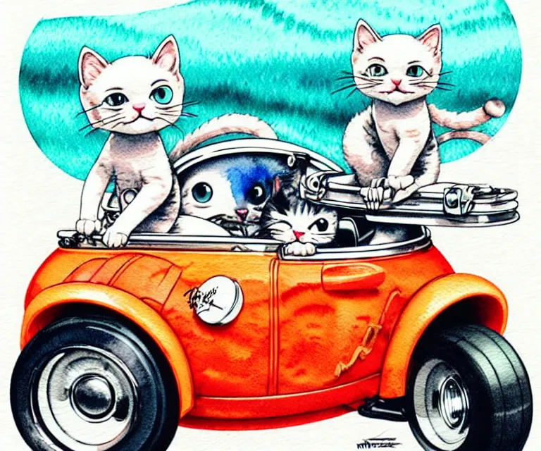 Image similar to cute and funny, kitten wearing a helmet riding in a tiny hot rod with oversized engine, ratfink style by ed roth, centered award winning watercolor pen illustration, isometric illustration by chihiro iwasaki, edited by range murata, tiny details by artgerm and watercolor girl, symmetrically isometrically centered