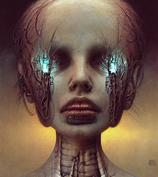 Image similar to portrait of girl melting with machine by wayne barlowe and zdislaw beksinski