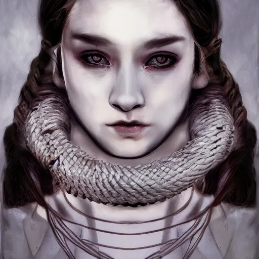 Image similar to portrait of a Shibari rope wrapped face and neck, headshot, insanely nice professional hair style, dramatic hair color, digital painting, of a old 13th century, traveler, amber jewels, baroque, ornate clothing, scifi, realistic, hyperdetailed, chiaroscuro, concept art, art by Franz Hals and Jon Foster and Ayami Kojima and Amano and Karol Bak,