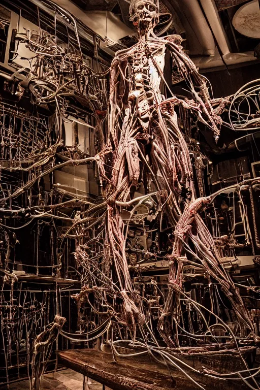 Image similar to inside a museum, a room where anatomical flesh body parts are piece of arts by Rob Bottin at night biomechanical, filth and grim, wires and strings, very detailed, ultra realistic photography, grainy image