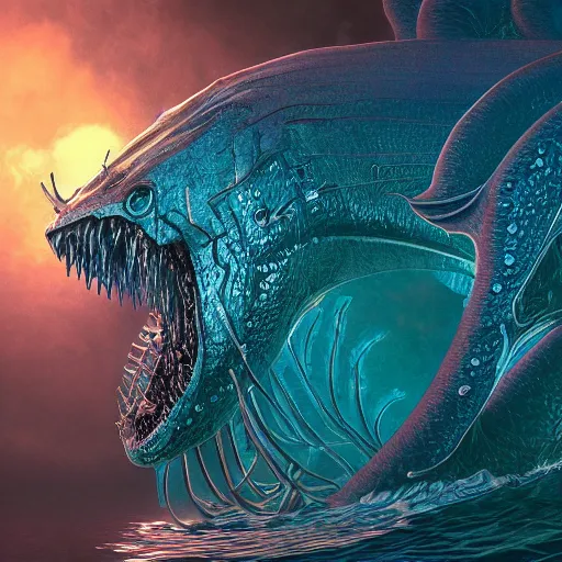 Image similar to photorealistic aquatic monster in the style of michael whelan and gustave dore. hyperdetailed photorealism, 1 0 8 megapixels, amazing depth, glowing rich colors, powerful imagery, psychedelic overtones, 3 d finalrender, 3 d shading, cinematic lighting, artstation concept art
