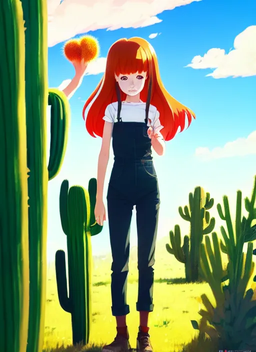 Image similar to portrait of cute redhead girl in orange jumpsuit with fox ears by ilya kuvshinov, holding a cactus, cloudy sky background lush landscape illustration concept art anime key visual trending pixiv fanbox by wlop and greg rutkowski and makoto shinkai and studio ghibli