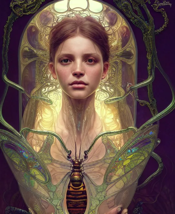 Prompt: intricate ornate opulent transparent clear see - through portrait of a terrifying beautiful alien insect, mottled coloring, adorable, childlike, pastoral environment, ultra realistic, concept art, art nouveau, photorealistic, octane render, 8 k, unreal engine. art by christopher marley and artgerm and greg rutkowski and alphonse mucha