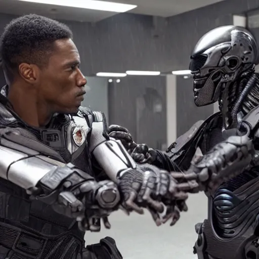 Image similar to the predator plays an intense life or death game of rock paper scissors against robocop, hyper detailed, high resolution, 8k UHD