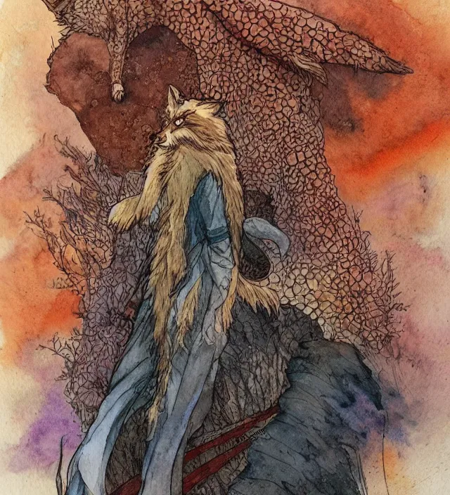 Image similar to a 3 / 4 view watercolor ink painting of an anthromorphic fox sorcerer / wizard in the style of jean giraud in the style of moebius trending on artstation deviantart pinterest detailed realistic hd 8 k high resolution