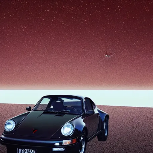 Prompt: porsche 9 1 1, australian beach, red sand, otherworldly science fiction surrealism landscapes. waves. dust. stars. by chris mars.