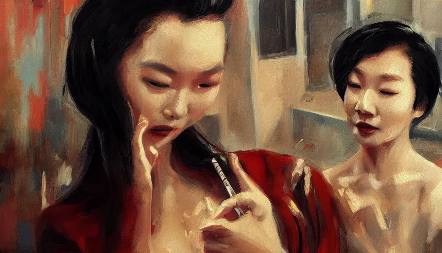 Image similar to in the mood for love, cinematic shot, oil painting by jama jurabaev, extremely detailed, brush hard, artstation, for aaa game, high quality, brush stroke