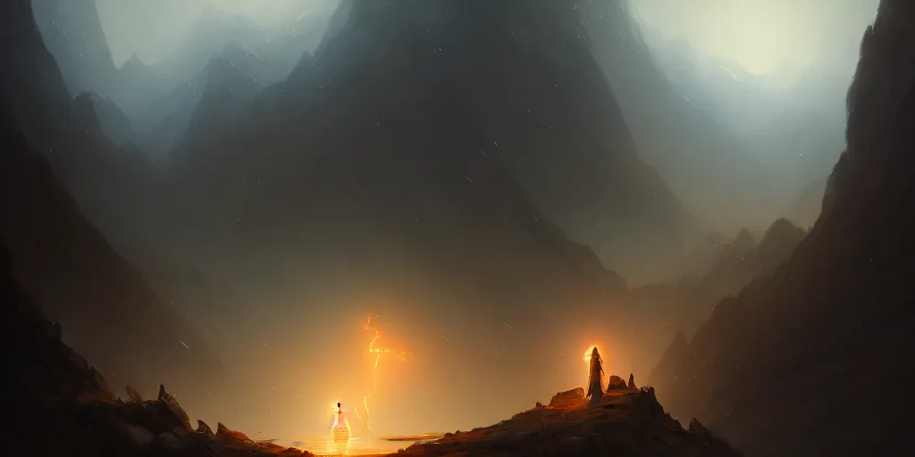 Image similar to god of light fighting against god of dark in a dark valley, nighttime, extremely detailed digital painting, in the style of fenghua zhong and ruan jia and jeremy lipking and peter mohrbacher, mystical colors, rim light, beautiful lighting, 8 k, stunning scene, raytracing, octane, trending on artstation