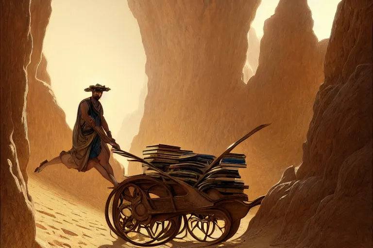 Prompt: a man pulling a cart full of books through the desert, fantasy, sci-fi, intricate, elegant, dramatic lighting, highly detailed, lifelike, photorealistic, digital painting, artstation, concept art, smooth, sharp focus, illustration, art by John Blanche and Paul Dainton and Albert Aublet and Artem Demura and Alphonse Mucha