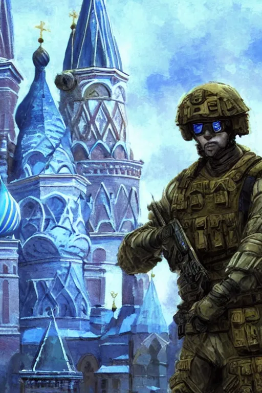 Image similar to special forces soldier raising ukrainian blue and yellow flag, kremlin st. basil cathedral in the background, masculine figure, d & d, fantasy, bright atmosphere, volumetric lights, intricate, elegant, extremely detailed, digital painting, artstation, concept art, matte, smooth, sharp focus, hyper realistic, illustration, art by artgerm and greg rutkowski and alphonse mucha