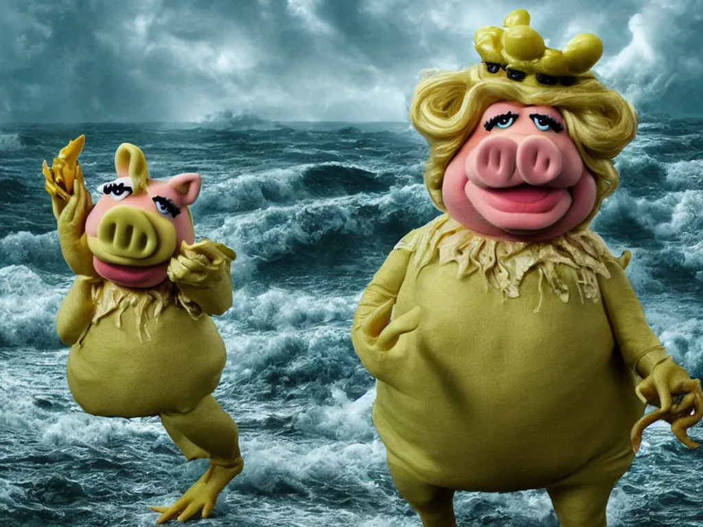 Image similar to Miss Piggy as Cthulhu, rising out of stormy seas. 4K. High detail. In the style of Lovecraft.
