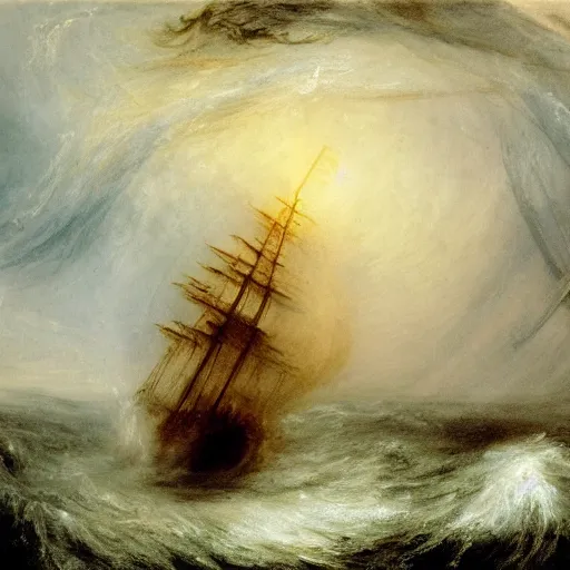 Prompt: giant octopus with giant tentacles pulling a frigate under the surface of a stormy sea, in the style of jmw turner
