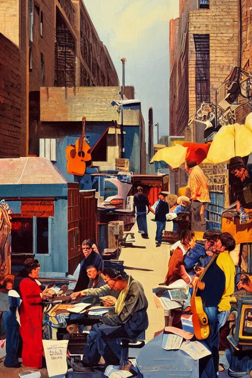 Prompt: a group of people trading art in a city alley, an ultrafine detailed painting by john philip falter, shutterstock, american scene painting, movie still, concert poster, poster art