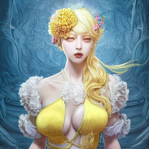 Prompt: the portrait of a sensual lemon that resembles an absurdly beautiful, graceful, elegant, blonde idol covering herself, an ultrafine hyperdetailed illustration by kim jung gi, irakli nadar, intricate linework, bright colors, octopath traveler, final fantasy, unreal engine 5 highly rendered, global illumination, radiant light, detailed and intricate environment