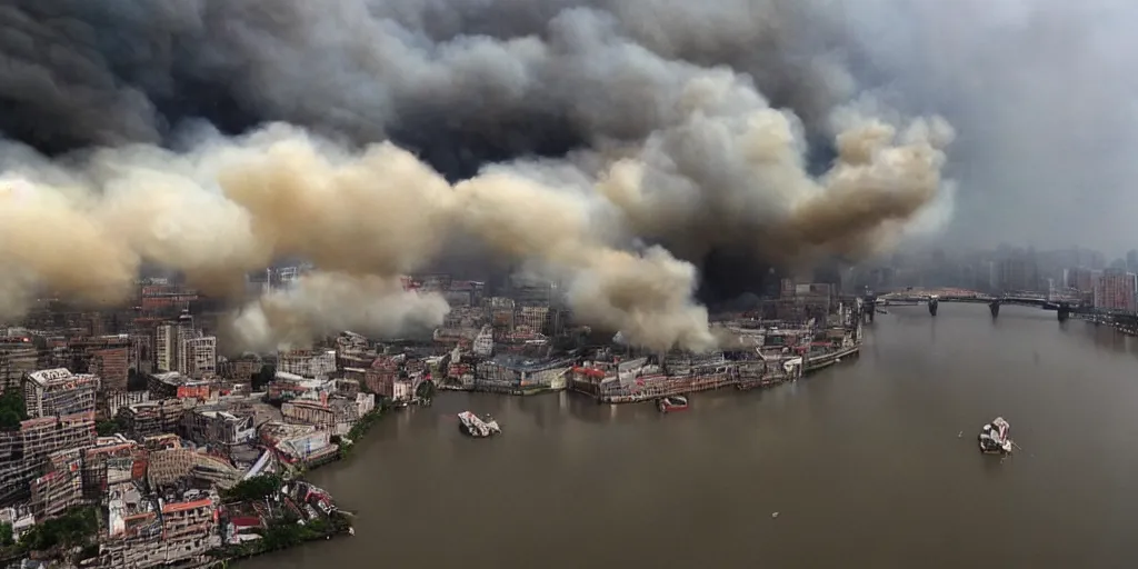 Image similar to extremely beautiful day time photograph of smoke clouds in the style of cai guo - qiang, muted soft colors, chinese paintings, colored smoke clouds, river and city, the sky is gray, landscape, chinese artist cai guo qiang, explosion, explosive, art, fine art, hd, very very beautiful