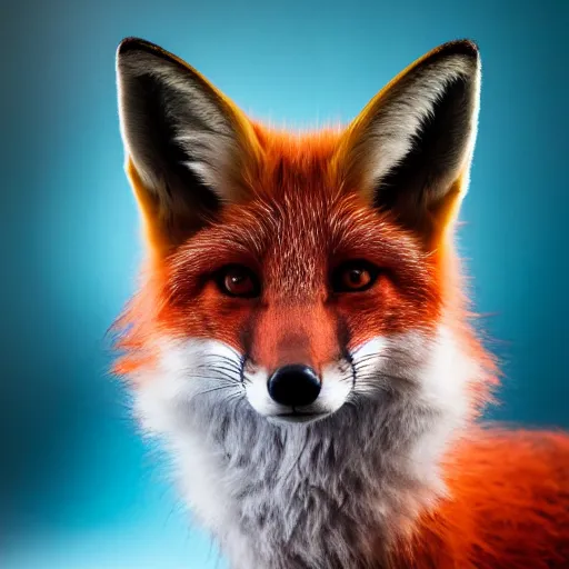 Image similar to A portrait of a surreal-looking fox with glowing blue eyes, focused, soft lighting, extremely detailed 8k, by Alexander Jannson